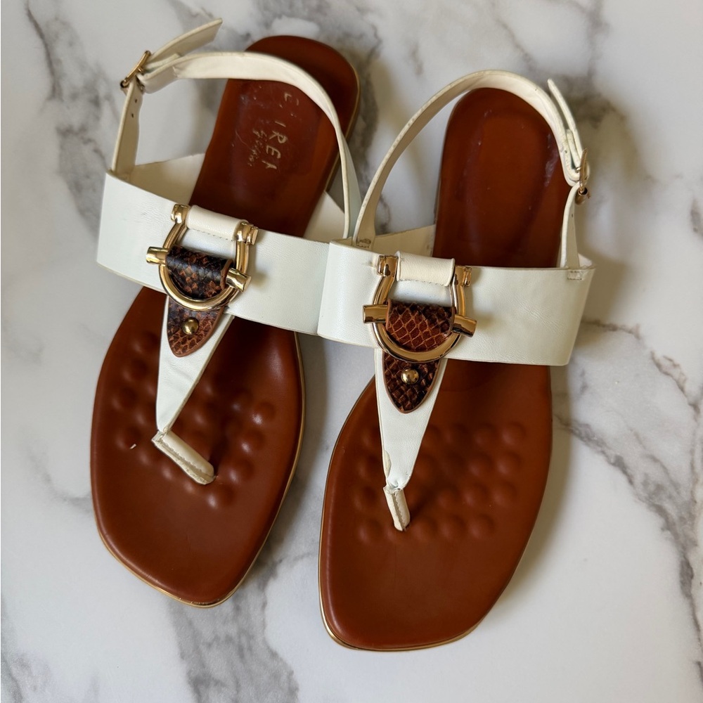 ***SOLD**White Leather T-Strap Sandals with Gold Accent